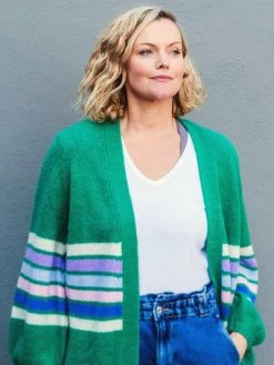 Sugarhill Brighton Yvette Cardigan - Green, Block Colour Stripes Adult