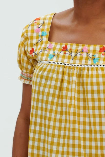 Sugarhill Brighton : Alva Embroidered Top - Yellow Gingham, Floral Sprig 1 Sugarhill Brighton : Alva Embroidered Top - Yellow Gingham, Floral Sprig
