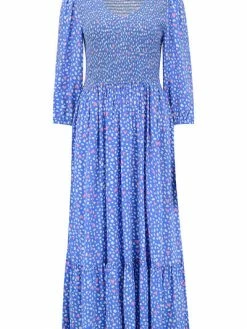 Sugarhill Brighton Magdalene Midi Shirred Dress Blue Animal Love Hearts