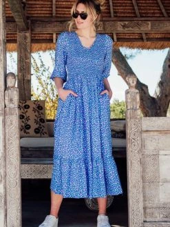 Sugarhill Brighton Magdalene Midi Shirred Dress Blue Animal Love Hearts