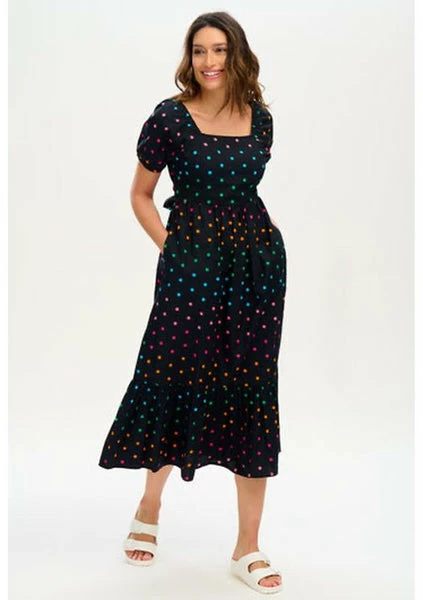 Sugarhill Brighton : Betsy Midi Smock Dress - Black, Rainbow Polka 1 Sugarhill Brighton : Betsy Midi Smock Dress - Black, Rainbow Polka