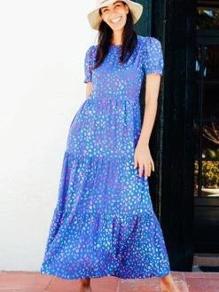 Sugarhill Brighton : Polly Batik Maxi Tiered Dress - Blue/pink, Painterly Spot