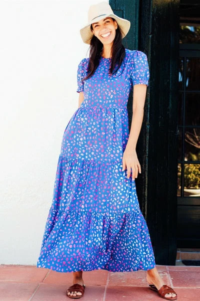 Sugarhill Brighton : Polly Batik Maxi Tiered Dress - Blue/pink, Painterly Spot 2 Sugarhill Brighton : Polly Batik Maxi Tiered Dress - Blue/pink, Painterly Spot