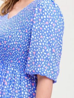 Sugarhill Brighton Magdalene Midi Shirred Dress Blue Animal Love Hearts