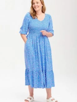 Sugarhill Brighton Magdalene Midi Shirred Dress Blue Animal Love Hearts
