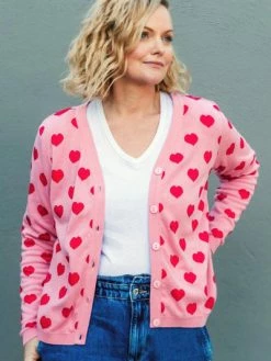 Sugarhill Brighton Willow Cardigan - Pink/Red, Heart Adult