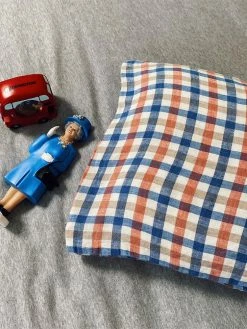 Linge Particulier Coral Blue Gingham Linen 30 x 40 cm Cushion