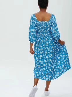 Sugarhill Brighton Raquel Shirred Dress - Blue, Vintage Block Floral