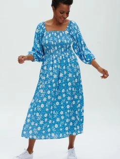 Sugarhill Brighton Raquel Shirred Dress - Blue, Vintage Block Floral