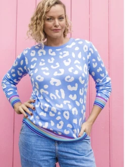 Sugarhill Brighton Callie Jumper - Blue & White, Leopard With Rainbow