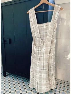 Linge Particulier Beige Checks Linen Japanese Apron