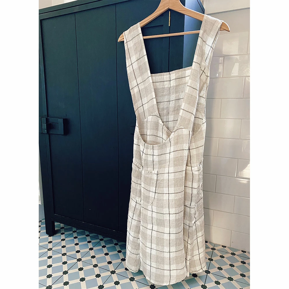 Linge Particulier Beige Checks Linen Japanese Apron 1 Linge Particulier Beige Checks Linen Japanese Apron