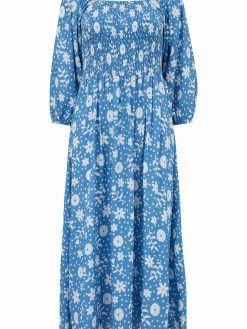 Sugarhill Brighton Raquel Shirred Dress - Blue, Vintage Block Floral
