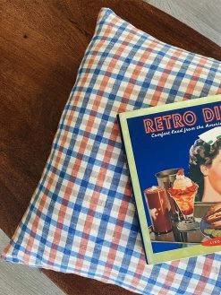 Linge Particulier Coral Blue Gingham Linen Cushion Cover 50 x 50 cm