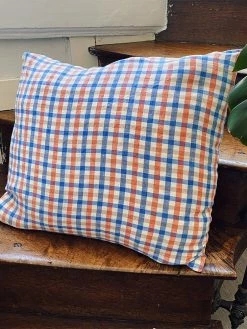 Linge Particulier Coral Blue Gingham Linen Cushion Cover 50 x 50 cm