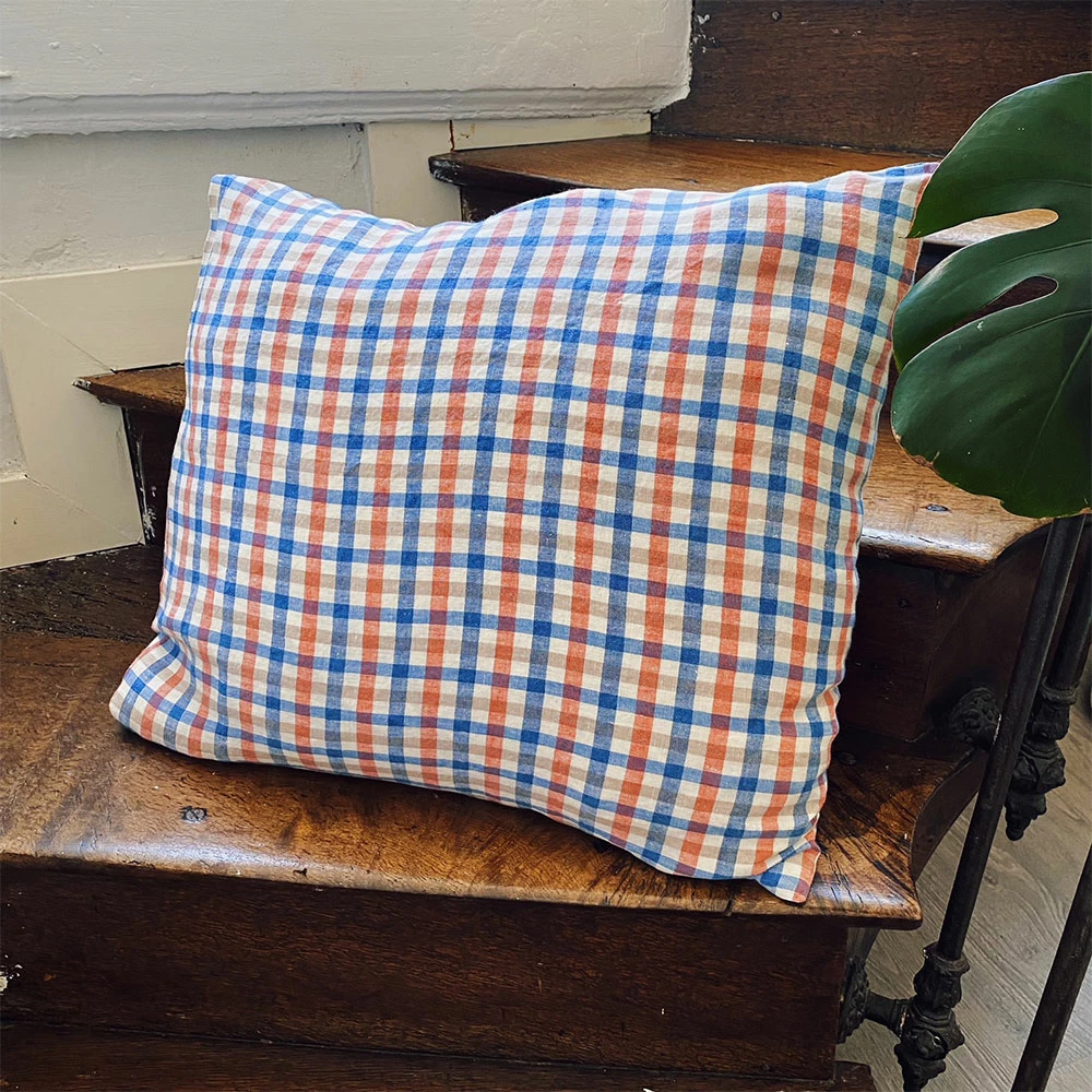 Linge Particulier Coral Blue Gingham Linen Cushion Cover 50 x 50 cm 2 Linge Particulier Coral Blue Gingham Linen Cushion Cover 50 x 50 cm